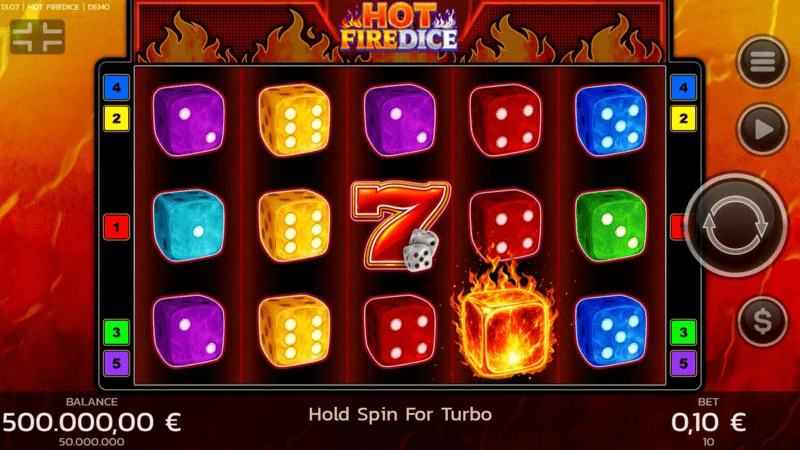 Hot Fire Dice – játék képernyő lángoló hetesekkel